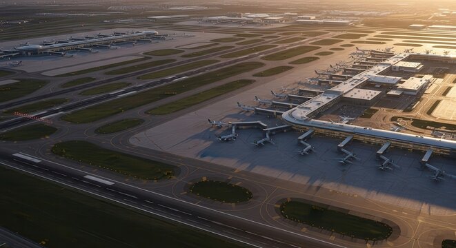 Busy airport aerial view with many airplanes on tarmac and runways at sunset.