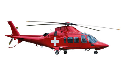 Fototapeta premium Red emergency helicopter with white cross and rotors, isolated on transparent background