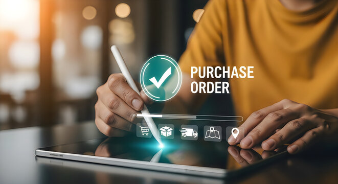A close up view of a person using a stylus on a digital tablet to confirm a purchase order status