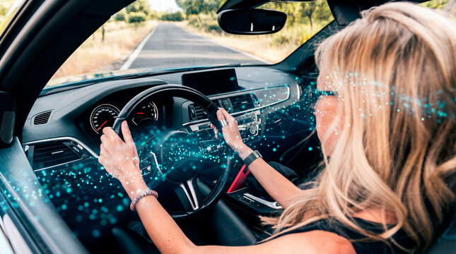 Focused woman managing autonomous system with AI data stream