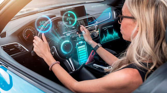 Responsible woman monitoring battery efficiency in hybrid car