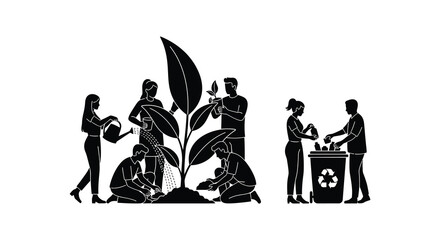 A group of people gardening and tending to a young tree depicted in a striking black silhouette high quality professional detailed © AsfiqurRahman