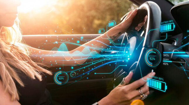 Responsible woman analyzing regenerative braking and battery efficiency data in hybrid vehicle