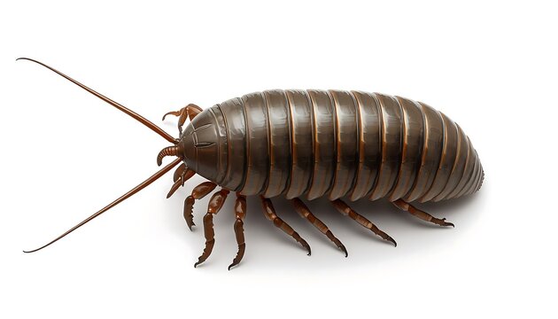A dark brown, segmented terrestrial isopod, resembling a pill bug, is seen on a clean white background.