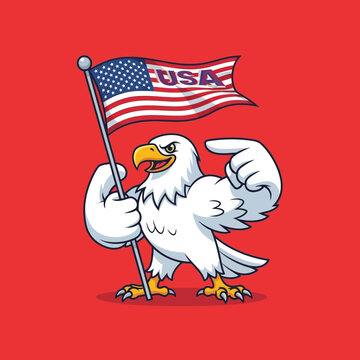 Mascot Eagle Holding USA Flag, Flexing Bicep, Patriotic Symbol of America