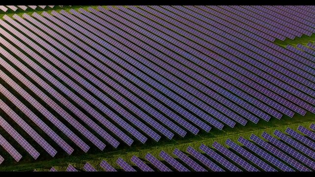 Aerial view of a vast array of solar panels stretching across the landscape in neat rows, reflecting the sunlight, Blandford Forum, Dorset, United Kingdom.