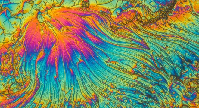 A vibrant mix of rainbow colors including pink, blue, and yellow in a flowing crystal pattern.