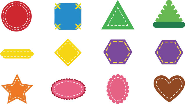 Collection of cute applique shapes like hearts stars and circles with dashed stitch effect for scrapbooking and crafts.