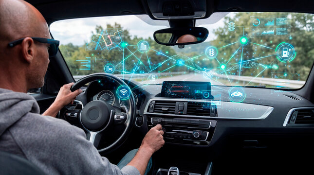 Professional man driving connected vehicle using real time smart mobility network dashboard