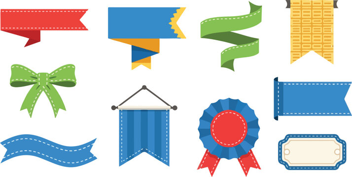 Colorful ribbons and labels set with blue banners green bow red rosette prize and yellow decorative tags for web design.