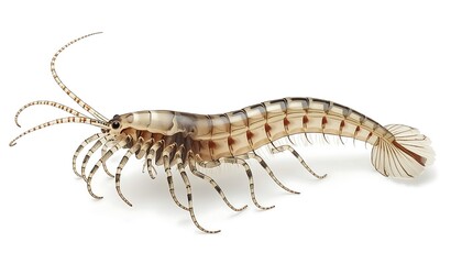 Fototapeta premium A meticulously detailed translucent marine crustacean featuring a segmented body and numerous legs is isolated on white.