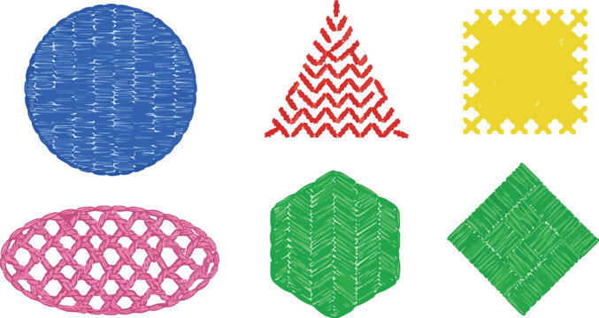 Embroidered geometric shapes set featuring colorful stitching styles like cross stitch and zigzag on transparent backdrop.