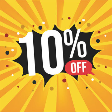 10 por cento de desconto. Banner amarelo com bal&atilde;o flutuante para promo&ccedil;&otilde;es e ofertas. estilo explos&atilde;o de pre&ccedil;os