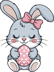 Fototapeta premium Cute cartoon easter bunny holding a pink egg with white hearts