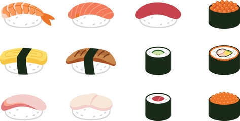 Sushi Icon Set with Nigiri, Maki Rolls, Salmon Roe, and Japanese Food Elements in Flat Style for Restaurant Menu, Asian Cuisine, and Vector Illustration © tofajjol studio