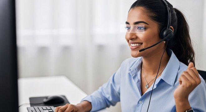 Female customer support agent smiling and working at computer with headset, positive attitude and helpful service, call center environment.