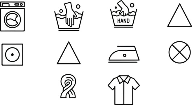 Laundry care symbols vector set washing machine hand wash and iron icons dry cleaning and no wash symbols.