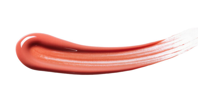 Glossy peachy-pink liquid cosmetic swatch smoothly curved stroke tapering into fine brush marks, isolated on transparent background