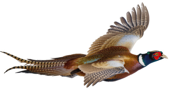 Male pheasant flying wings spread, isolated on transparent background