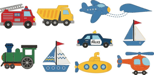 Set of eight children toy transportation vehicles isolated on transparent background vector illustration. © MDMUKTADIR