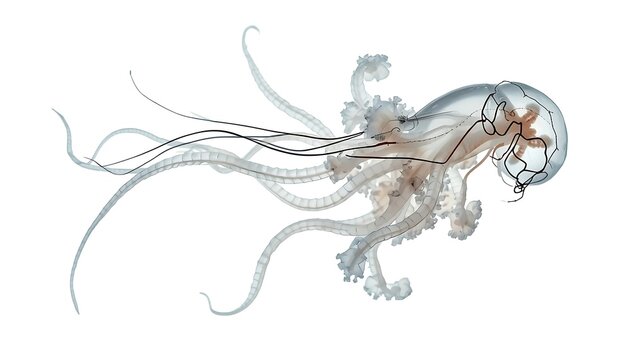 A graceful translucent jellyfish with numerous flowing tentacles and intricate internal structures floats on a white background.