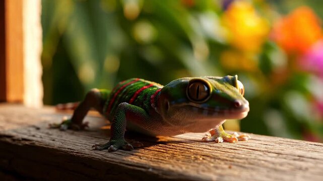Close-up of a vibrant patterned gecko resting on a wooden surface with a blurred floral background, highlighted by warm sunlight