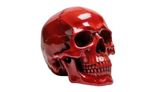 Shiny red human skull with detailed bone structure, isolated on transparent background