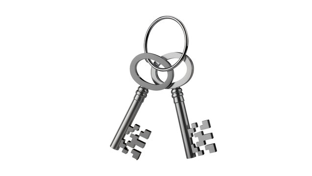 Two metallic pixelated keys on a silver keyring, isolated on transparent background