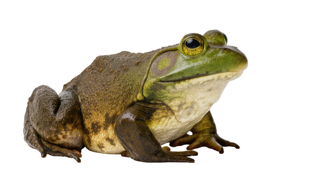 Robust green and brown bullfrog with prominent yellow eyes, isolated on transparent background for wildlife projects