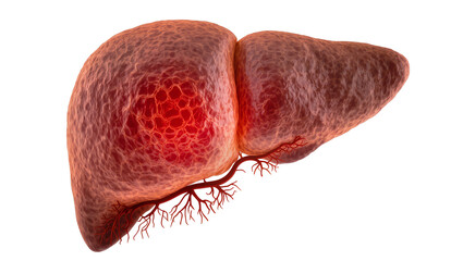 Inflamed human liver with red lesion, isolated on transparent background