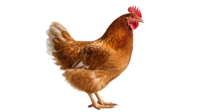 Brown feathered domestic hen with red comb and wattle standing gracefully, isolated on transparent background for farm animal concepts