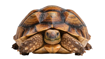 Obraz premium African spurred tortoise with textured brown and black shell facing forward, isolated on transparent background