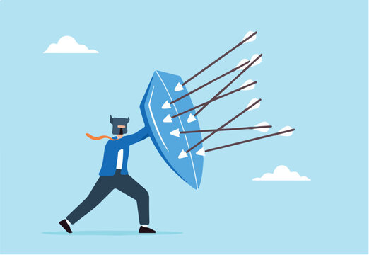 Strong businessman with armor and shield to defend against incoming arrows, illustrating protection from threats. Concept of safeguarding against security attacks, business risks