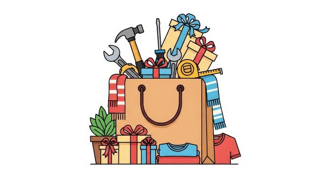 a brown paper bag filled with various items including gifts and tools close up detail view natural l
