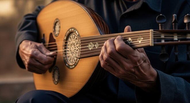 a person playing a stringed instrument with a round body close up detail view natural lighting copy