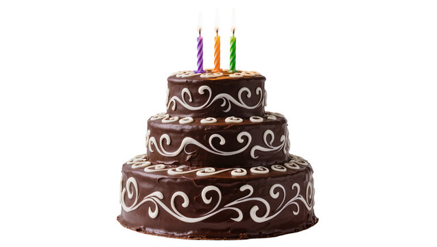 Chocolate tiered cake with white swirls and candles, isolated on transparent background