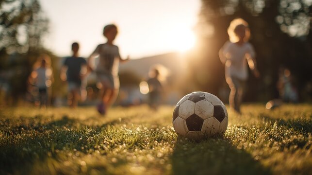 Group of happy children running towards soccer ball in sunlit field at sunset