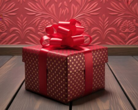 Red gift box with gold heart pattern and large red bow on wooden planks Keywords: gift, present, box, red, gold hearts, red