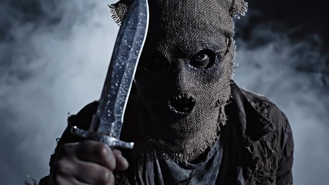A menacing figure wearing a bear mask, holding a knife amidst swirling smoke in a dark environment