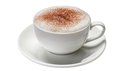 Obraz premium Cappuccino in white ceramic cup and saucer, isolated on transparent background
