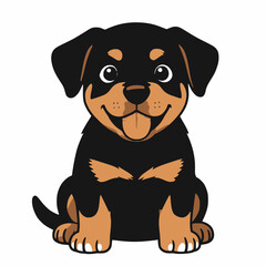 Obraz premium Cute stylized vector illustration of a black-and-tan Rottweiler puppy. The puppy is lying on its belly with front paws stretched forward, hind legs tucked under its body, head raised and looking direc
