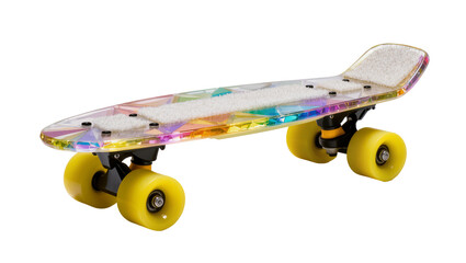 Iridescent clear skateboard with yellow wheels, isolated on transparent background © Roxana