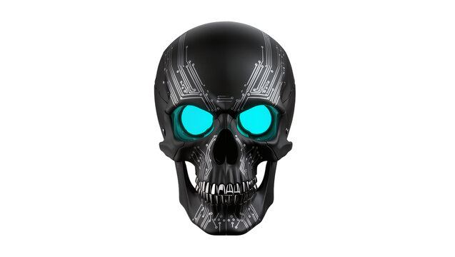 Black cybernetic skull with blue eyes and circuit patterns, isolated on transparent background