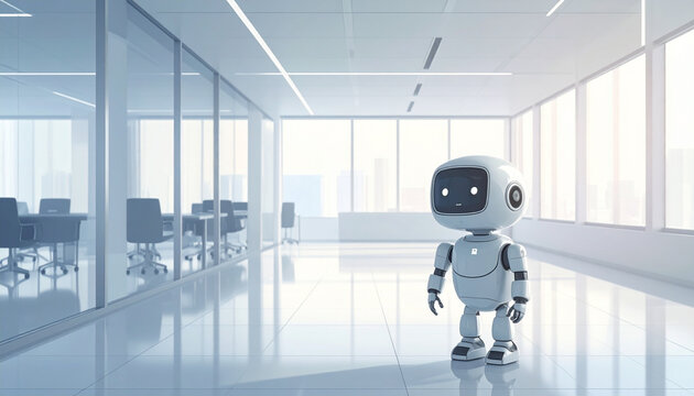 Cute white robot standing in a modern office with glass walls digital rendering futuristic design bright lighting minimalist style