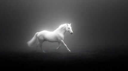 Fototapeta premium Glowing white horse galloping in dark ethereal landscape. White ghostly stallion with glowing aura in shadowy landscape