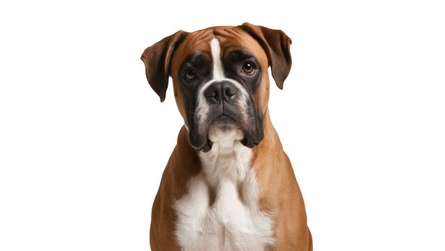 Brindle and white Boxer dog portrait, isolated on transparent background