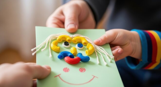 a child's handmade card with a smiley face made of colorful plasticine on green background being hel