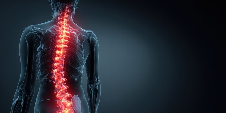 Man, injury and back pain of fitness in studio, anatomy of spine and xray for diagnosis. Red glow, mockup and rear view of person for inflammation of muscle ache, spinal stenosis and gray background