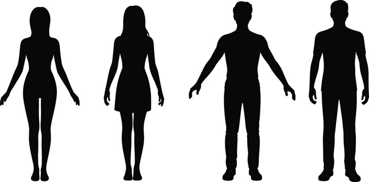 Collection of black human vector silhouettes featuring diverse men and women in various casual outfits standing isolated on white background for graphic design and fashion.