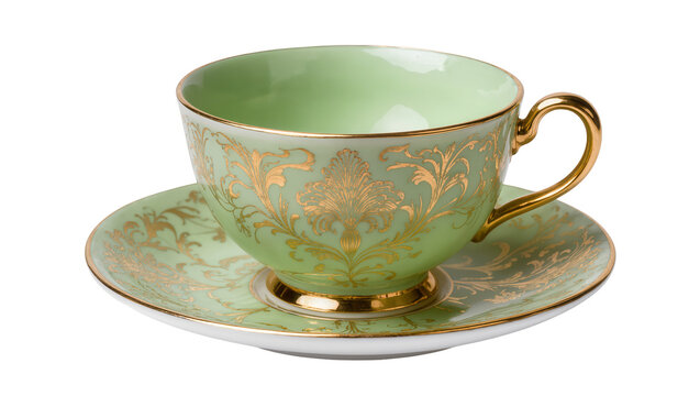 Mint green teacup set gold ornate design, isolated on transparent background